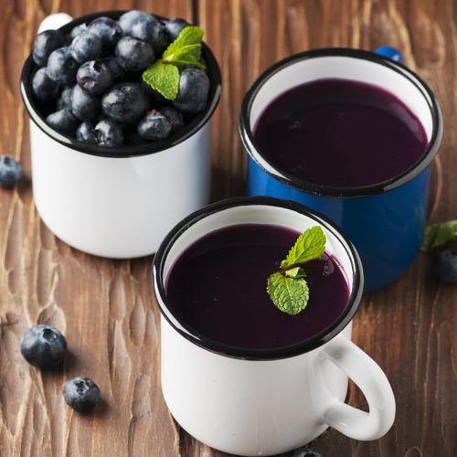 Russian kissel with blueberry and mint, selective focus